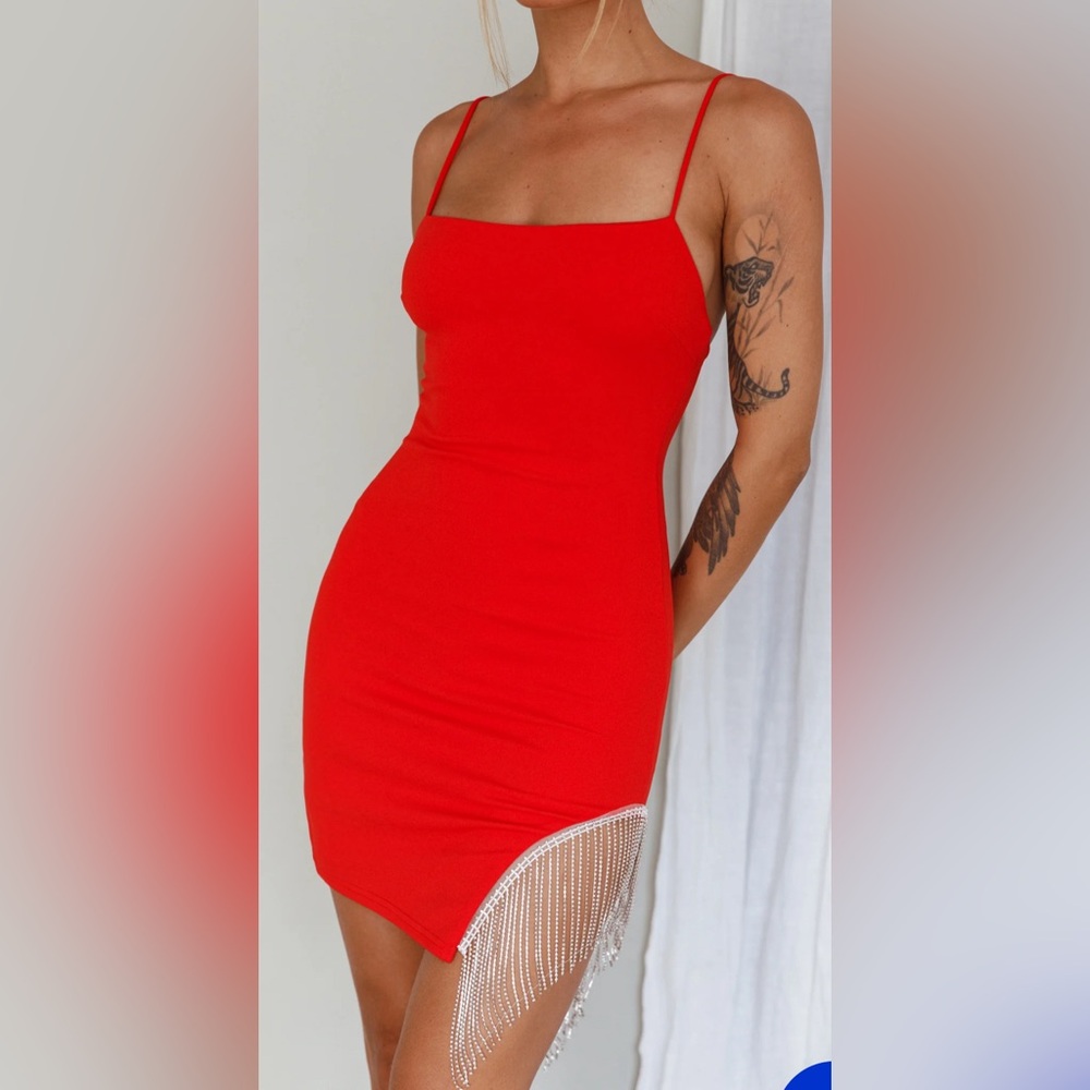 CALL ON ME DIAMANTE FRINGE MINI DRESS RED